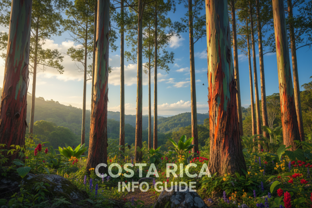 A captivating and vibrant scene of a rainbow eucalyptus tree grove in Costa Rica. In the foreground, display the striking, multicolored bark of the eucalyptus trees, showcasing their unique and vivid hues of green, blue, purple, and orange. In the middle ground, include lush tropical foliage and wildflowers that complement the trees, creating a rich tapestry of colors. In the background, portray the rolling hills of Costa Rica bathed in soft, golden sunlight, with a clear blue sky dotted with fluffy white clouds. Capture this serene landscape from a low angle to emphasize the towering trees, using warm, inviting lighting to convey a peaceful atmosphere. Ensure no text or branding appears within the image, but subtly depict "Costa Rica info guide" in the subtleties of the scenery's natural beauty.