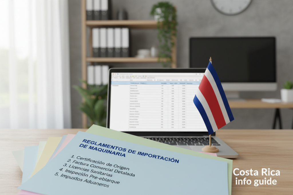 A close-up view of Costa Rican import regulations documentation, featuring a well-organized stack of colorful papers under soft natural light. The foreground showcases detailed pages with clear headings and bullet points related to machinery import regulations. In the middle ground, an open laptop, reflecting a spreadsheet of import duties, complements the documentation while a small Costa Rican flag stands beside it. In the background, a blurred office environment gives a sense of professionalism and clarity. The atmosphere is formal yet approachable, ideal for illustrating regulatory processes. A faint watermark with the text "Costa Rica info guide" is subtly incorporated in the lower corner, maintaining a clean and informative look.