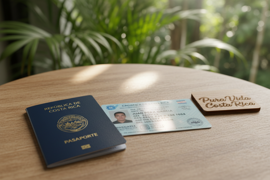 A close-up view of a valid Costa Rican driver’s license and passport laid on a wooden table. In the foreground, the vibrant colors of the license and passport are prominently displayed, showcasing essential details like the photo, name, and official seals. In the middle ground, soft natural light filters in from a nearby window, creating gentle reflections on the documents. The background features subtle elements of Costa Rica, such as a blurred image of lush greenery or a tropical plant, evoking the country’s rich environment. The atmosphere is serene and professional, with an emphasis on the importance of having these documents for driving legally in Costa Rica. The branding "Pura Vida Costa Rica" is subtly integrated into the scene, enhancing the local context without overpowering the central focus on the documents.
