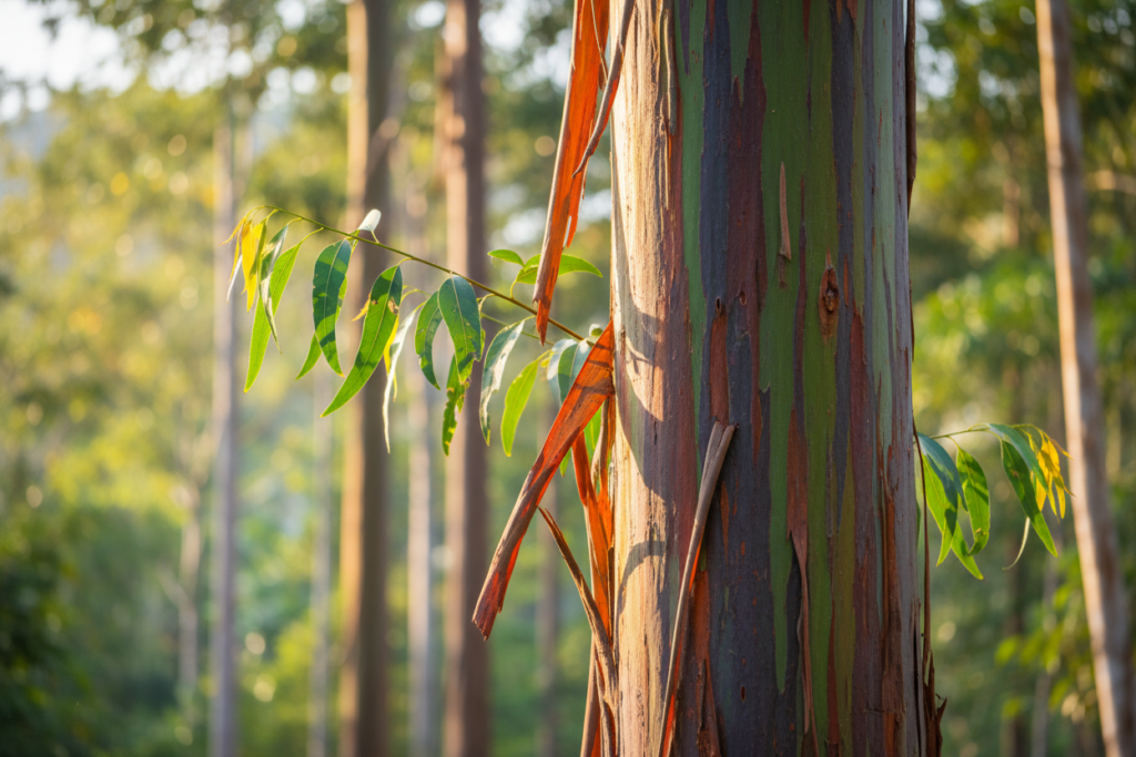 A close-up view of a vibrant rainbow eucalyptus tree in Costa Rica, showcasing its stunning, multicolored bark with hues of green, blue, orange, and purple. The foreground features intricately detailed bark textures glistening slightly in the sunlight. In the middle ground, a few eucalyptus leaves catch the warm golden light filtering through the tree branches, creating a soft bokeh effect. The background reveals a lush Costa Rican rainforest, with blurred shapes of other trees and foliage. The atmosphere is serene and enchanting, evoking tropical beauty. The scene is captured in natural daylight with soft shadows, using a slight depth of field to emphasize the bark colors. No people or text are included, just the raw natural beauty of rainbow eucalyptus. Costa Rica info guide.