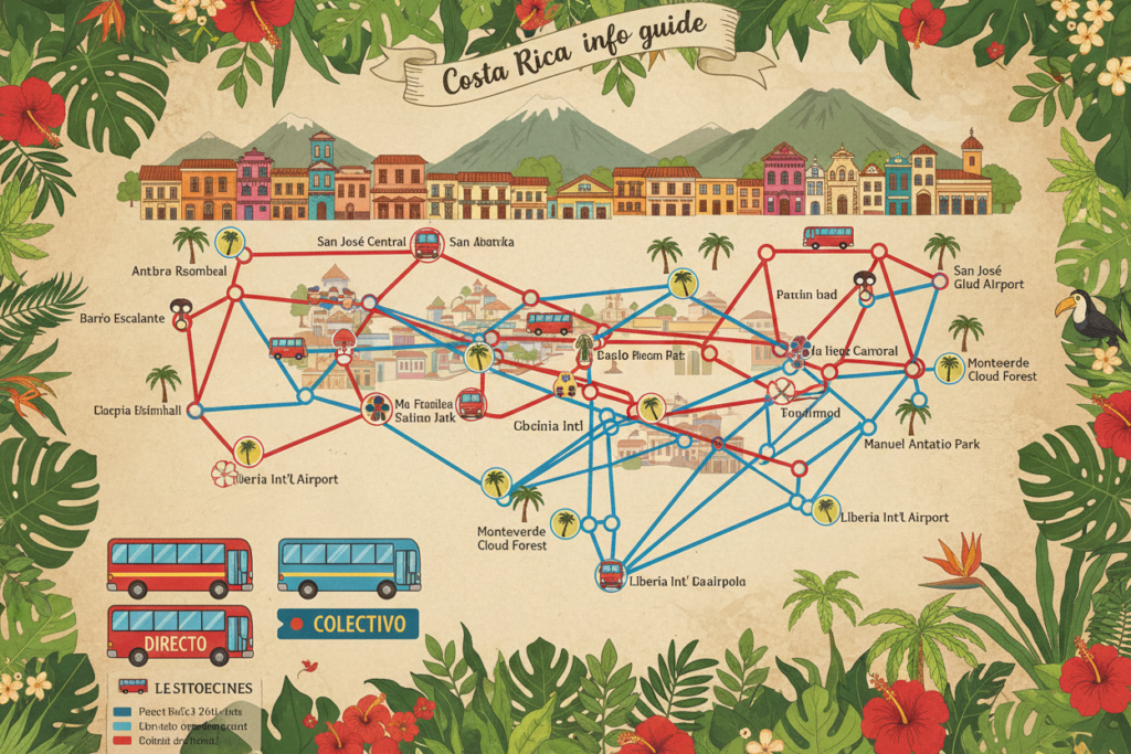 A comprehensive map illustration showcasing the Directo and Colectivo bus routes in Costa Rica, focusing on vibrant streets filled with lush tropical greenery. In the foreground, detailed bus icons represent Directo and Colectivo routes, each color-coded for clarity. The middle ground features a well-organized route layout highlighting major bus stops and intersections, with playful, stylized depictions of buses in transit. In the background, a lively Costa Rican cityscape, complete with mountains and vibrant local architecture, sets the scene. Bright, natural lighting illuminates the image, enhancing the vibrant colors and creating an inviting atmosphere. The composition is dynamic yet clear, perfect for conveying the ease of navigating public transportation. Incorporate the brand name "Costa Rica info guide" subtly within the design, ensuring it integrates seamlessly with the map.