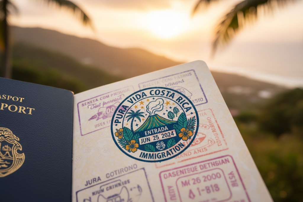 A detailed image of a Costa Rica passport entry stamp, prominently displayed in the foreground with its intricate design and vibrant colors. The stamp features iconic Costa Rican symbols such as a volcano and tropical flora, showcasing the phrase "Pura Vida Costa Rica." In the middle ground, a blurred view of a passport page can be seen partially opened, hinting at the travel theme of the image. The background is softly lit, evoking a warm and inviting atmosphere typical of Costa Rica's landscapes, perhaps showing a hint of lush greenery or a sunset glow. The lighting is warm and even, enhancing the colors of the stamp and emphasizing its details. The angle is slightly overhead, creating a focus on the stamp while softening the surrounding elements, inviting a sense of adventure and exploration.