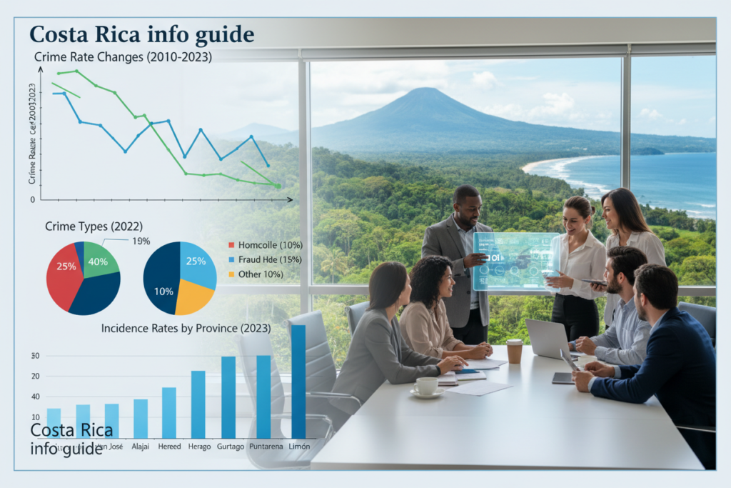 A detailed infographic depicting Costa Rica's crime statistics and trends analysis. In the foreground, include illustrated graphs and charts showcasing crime rate changes over the years, with clear, colorful representations of data such as crime types and incidence rates. In the middle ground, integrate an image of a professional team of diverse individuals in business attire, analyzing crime data on digital devices, collaborating together in a modern office setting. The background should feature a scenic view of Costa Rica’s lush landscapes, symbolizing the country’s charm and contrasting it with the serious nature of the statistics. The lighting should be bright and clear, conveying a sense of professionalism and hope, with a lens focus that captures the teamwork and analytical process. Include the brand name "Costa Rica info guide" subtly incorporated into the design elements.