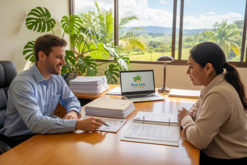 A friendly, professional office setting showcasing the Rentista visa application process in Costa Rica. In the foreground, a Caucasian staff member in business casual attire (button-down shirt) sits at a desk, attentively guiding a client through paperwork. The middle layer displays organized documents and a laptop showing the "Pura Vida Costa Rica" logo, emphasizing a supportive environment. In the background, there are tropical plants and a window revealing a sunny Costa Rican landscape, contributing to a warm and welcoming atmosphere. Soft, natural lighting illuminates the scene, giving it a bright and optimistic feel. The angle is slightly elevated, focusing on the interaction between the staff member and the client, creating a sense of engagement and support.