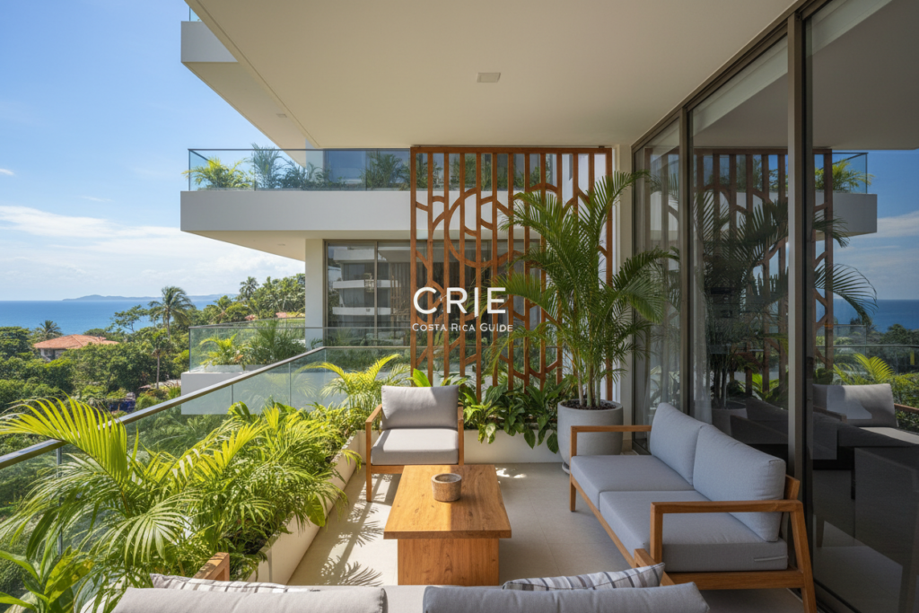 A modern and inviting condo in Costa Rica, showcasing a spacious balcony with tropical plants and vivid ocean views. In the foreground, a stylish outdoor seating area with comfortable furniture invites relaxation. The middle ground features the condo's sleek architecture with large glass windows reflecting the lush greenery surrounding it. In the background, vibrant blue skies merge with the distant coastline, emphasizing the tropical paradise setting. Natural sunlight bathes the scene, creating a warm and welcoming atmosphere. The overall feel is serene and inviting, promoting the concept of temporary housing in a beautiful location. Include the subtle branding "CRIE Costa Rica Guide" integrated into the scene, ensuring it blends seamlessly into the background.