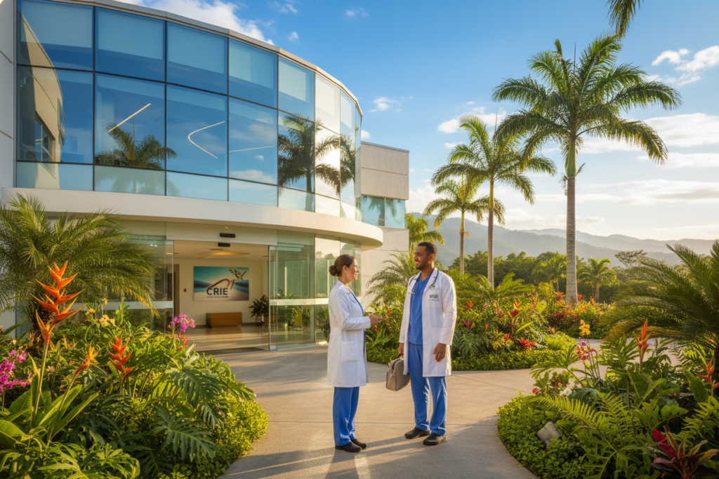 A modern hospital in Costa Rica, showcasing a vibrant entrance with lush tropical landscaping. In the foreground, a health professional in professional attire interacts with a patient, projecting a friendly, welcoming environment. In the middle ground, the hospital's sleek, glass façade reflects the sunny sky and green surroundings, hinting at state-of-the-art medical facilities. In the background, palm trees sway gently under a bright blue sky. The scene is well-lit, showcasing bright natural light that enhances the cheerful atmosphere. The image evokes a sense of trust and care, perfect for travelers and expats. No logos or watermarks, but subtly include "CRIE Costa Rica Guide" in the design.