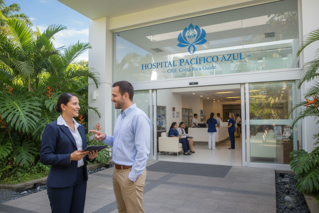 A modern private hospital in Costa Rica, showcasing a clean, welcoming exterior with tropical landscaping. In the foreground, a healthcare professional in business attire stands confidently, engaging with a patient. The middle ground features a sleek entrance with glass doors, displaying a reception area bustling with staff and visitors, all dressed in professional attire. The background captures lush greenery typical of Costa Rica, symbolizing a serene environment. Soft, natural lighting illuminates the scene, creating a calm, inviting atmosphere. The image reflects the efficiency and compassion of private healthcare in Costa Rica, suitable for the article by CRIE Costa Rica Guide.