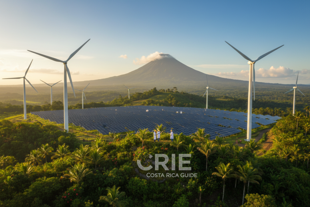 A panoramic view of the lush Costa Rican landscape showcasing renewable energy infrastructure. In the foreground, a modern wind farm with sleek, towering turbines spinning gracefully in a gentle breeze, surrounded by vibrant green hills. In the middle ground, a solar panel array captures sunlight, reflecting the clear blue sky, with staff in professional attire inspecting the panels, symbolizing innovation and sustainability. The background features a distant volcano, partially shrouded in clouds, under warm, golden sunlight that casts a serene glow over the scene. The atmosphere is one of harmony between nature and technology, emphasizing Costa Rica's commitment to renewable energy. The image should have bright, vivid colors and soft shadows, capturing the essence of a sustainable future. Include the brand name "CRIE Costa Rica Guide" subtly integrated into the landscape.