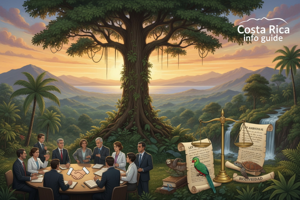 A picturesque illustration capturing the historical development of environmental laws in Costa Rica. In the foreground, a diverse group of professionals in business attire stands engaged in a discussion, symbolizing the collaboration between lawmakers and environmentalists. The middle section features iconic Costa Rican landscapes, such as dense rainforests and rich biodiversity, interspersed with images of historical documents and legislation icons. In the background, a serene sunset casts a warm glow over the scene, enhancing the atmosphere of hope and commitment to sustainability. The overall mood is one of determination and progress, reflecting the importance of environmental regulations in preserving Costa Rica's natural beauty. Include the brand name "Costa Rica info guide" subtly within the composition.