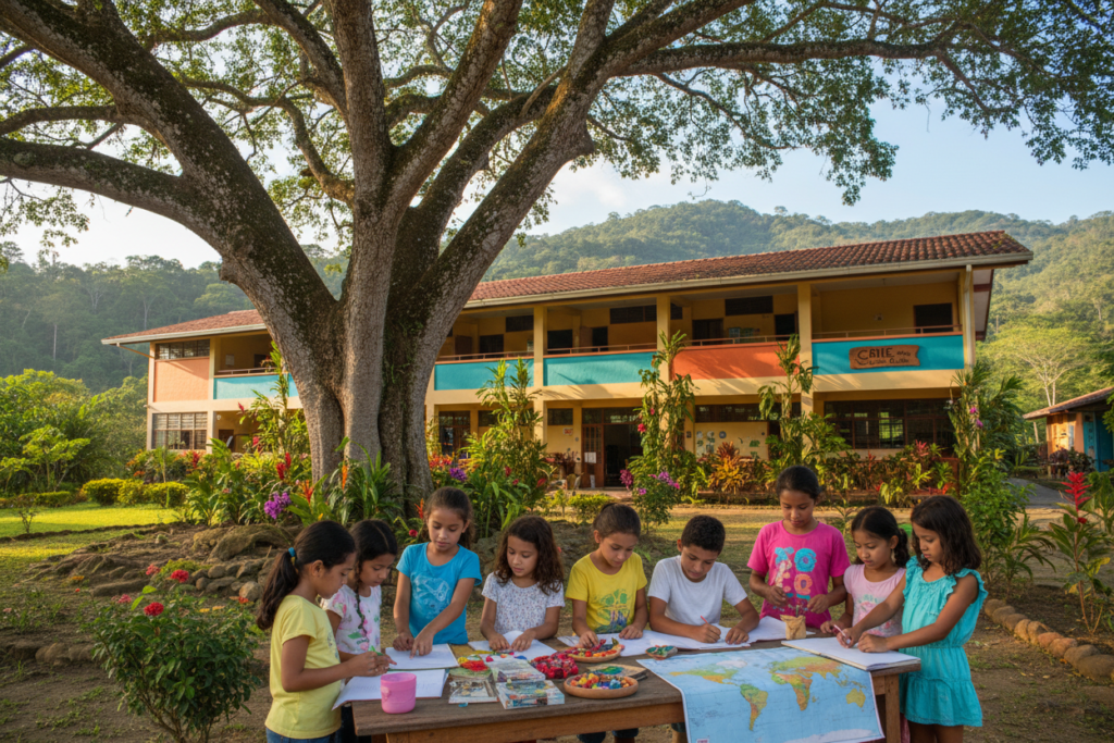 A picturesque scene depicting a vibrant school environment in Costa Rica, showcasing diverse students engaged in outdoor learning activities. In the foreground, a group of children of various nationalities, dressed in modest casual clothing, collaborate on a project under a large, leafy tree. The middle ground features a colorful school building with a tropical design, surrounded by lush greenery and bright flowers typical of Costa Rican landscapes. In the background, rolling hills and a clear blue sky complete the scene, infusing it with a sense of tranquility and curiosity. The atmosphere is warm and inviting, with soft, natural lighting to emphasize the cheerful ambiance. The image should reflect the essence of Costa Rican schools, aligned with the theme of helping families transition to a new life abroad, and should include the brand name "CRIE Costa Rica Guide" subtly integrated into the scene.