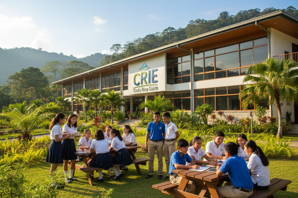 A picturesque scene of a private school in Costa Rica, featuring a well-maintained campus with lush greenery. In the foreground, students in professional attire, including collared shirts and skirts, are engaged in group activities, displaying a sense of collaboration and joy. In the middle ground, there's a modern school building showcasing large windows and inviting architecture that reflects resourcefulness and structure. Bright sunlight creates a warm atmosphere, highlighting the vibrant colors of the school uniform. The background features tropical trees and a clear blue sky, emphasizing the beautiful Costa Rican landscape. The overall mood is one of enthusiasm and a commitment to high-quality education, encapsulated under the branding of "CRIE Costa Rica Guide."