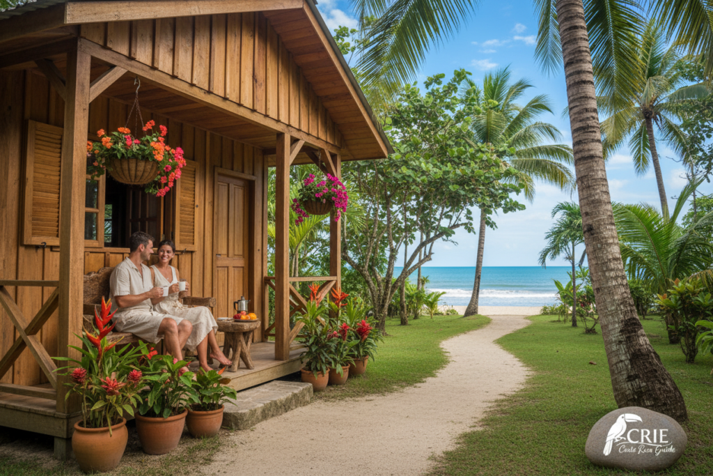 A picturesque scene showcasing a cozy temporary housing option in Costa Rica, emphasizing a vibrant atmosphere suitable for travelers. In the foreground, a charming wooden cottage with a welcoming porch adorned with tropical plants and colorful flowers, where a couple in modest casual clothing shares a conversation over a coffee. The middle ground features lush greenery with palm trees and a serene pathway leading to the beach, enhancing the sense of relaxation. In the background, the bright blue sky with a few fluffy clouds evokes a warm, sunny day. Soft, diffused lighting bathes the scene, creating an inviting and tranquil ambiance. Include a discreet logo of "CRIE Costa Rica Guide" integrated subtly into the landscape, ensuring it does not distract from the main image.
