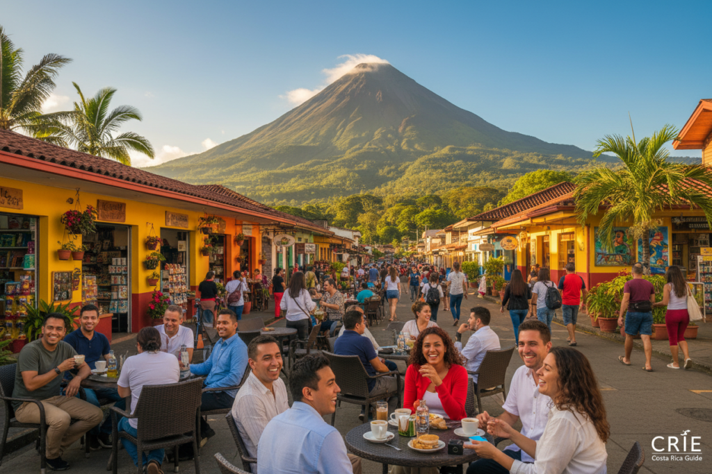 A picturesque view of La Fortuna, Costa Rica, showcasing its vibrant town center bustling with tourists and locals who exude a sense of safety and friendliness. In the foreground, a diverse group of individuals, dressed in professional attire and modest casual clothing, are seen interacting, smiling, and enjoying the local cafes, conveying community warmth. The middle ground features colorful shops and welcoming people engaging in activities like sightseeing and dining alfresco. In the background, the majestic Arenal Volcano towers under a clear blue sky, with lush green greenery surrounding the town. The scene is bathed in warm sunlight, creating an inviting and serene atmosphere. Shot with a wide-angle lens to capture the bustling life, highlighting the charm and safety of La Fortuna. No logos or watermarks—image credited to CRIE Costa Rica Guide.