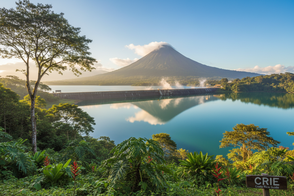 A picturesque view of Lake Arenal in Costa Rica, showcasing its serene turquoise waters nestled within lush green hills. The foreground features native trees and vibrant tropical plants gently swaying in the breeze, reflecting the natural beauty of the region. In the middle ground, the expansive lake is intersected by a dam, surrounded by patches of mist rising from the water, hinting at its power-generating capability. In the background, the majestic Arenal Volcano towers under a clear blue sky, its slopes covered in rich vegetation. Soft sunlight filters through the clouds, casting a warm glow over the scene, creating an atmosphere of tranquility and wonder. The image should evoke a sense of harmony between nature and engineering. CRIE Costa Rica Guide.