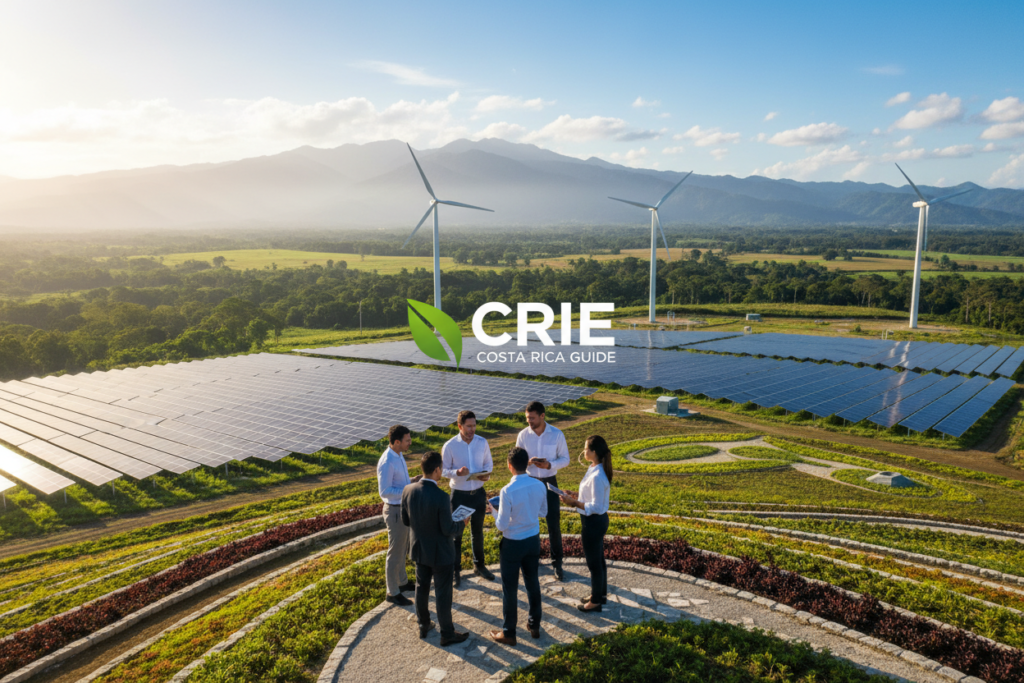 A powerful scene depicting the renewable energy landscape of Costa Rica, showcasing wind turbines and solar panels glistening in the sunlight. In the foreground, a diverse group of professionals dressed in business attire stands confidently, discussing sustainable energy solutions. The middle ground features lush greenery and a vibrant blue sky, symbolizing Costa Rica's commitment to the environment. In the background, majestic mountains rise, with clouds casting soft shadows over the land. The lighting is bright and warm, creating an optimistic atmosphere. The image conveys a sense of urgency and opportunity for U.S. companies engaging with Costa Rica’s innovative power sector. CRIE Costa Rica Guide branding subtly integrated in the landscape design.
