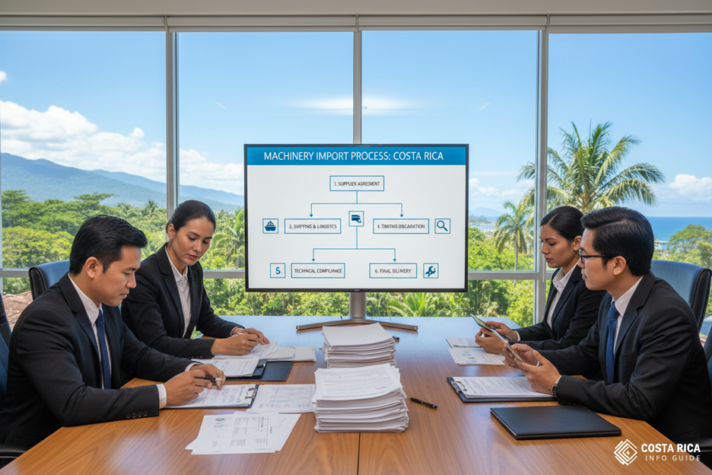 A professional and informative scene depicting the essential steps of the machinery import process to Costa Rica. In the foreground, a diverse group of three professionals, dressed in business attire, is discussing paperwork and checking documents at a large table filled with import forms and machinery specs. The middle ground features a detailed flowchart on a screen illustrating the step-by-step import process, including customs checks, transport logistics, and compliance regulations. In the background, a vibrant tropical landscape typical of Costa Rica is visible, with palm trees and a clear blue sky. The lighting is bright and natural, emphasizing a sense of clarity and focus. This image captures a professional atmosphere, suitable for educating viewers on important importation steps. Costa Rica info guide.