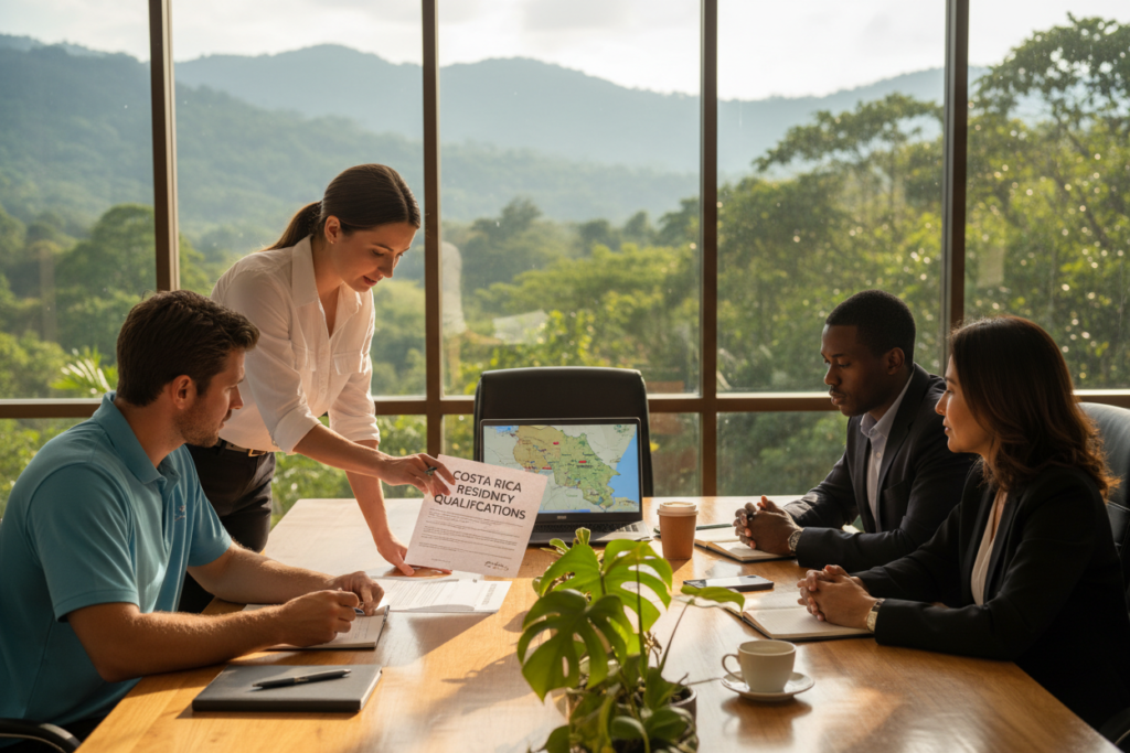 A professional business meeting scene depicting a diverse group of individuals in a bright, sunlit Costa Rican office environment, discussing residency qualifications. In the foreground, a Caucasian male and female staff member in business casual attire (polo and button-down shirts) are actively engaging with documents titled "Costa Rica Residency Qualifications." In the middle ground, a large wooden table is adorned with tropical plants and a laptop showing a map of Costa Rica. The background features large windows with views of lush greenery and mountains, representing Costa Rica's natural beauty. The lighting is warm and inviting, casting soft shadows. The mood is collaborative and informative, with an emphasis on professionalism. The brand "Pura Vida Costa Rica" is subtly featured on the documents.