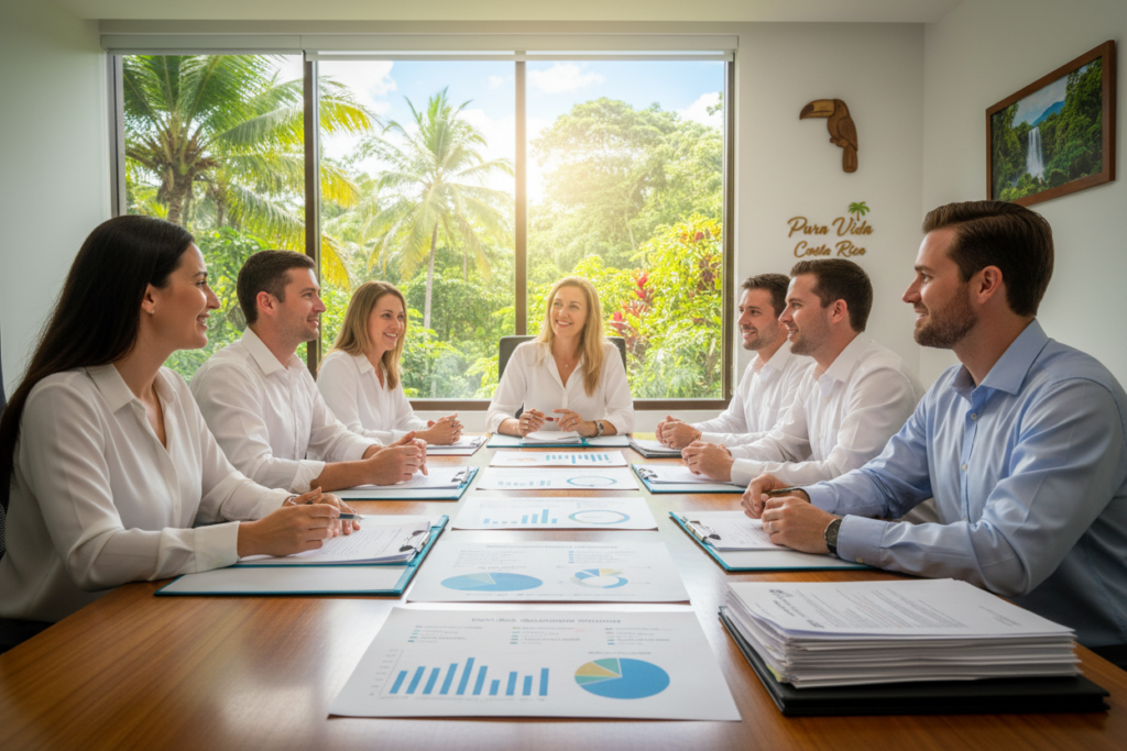A professional meeting environment in Costa Rica, featuring a diverse group of Caucasian individuals dressed in business casual attire, such as collared shirts and blouses. In the foreground, a well-organized table with documents outlining residency qualification thresholds, including charts and infographics depicting various categories. The middle ground features a large, bright window overlooking a lush tropical landscape, with sunlight streaming in, creating a warm and inviting atmosphere. In the background, a minimalist office decor highlights Costa Rican culture, including a subtle display of the "Pura Vida Costa Rica" brand. Soft, natural lighting enhances the mood of clarity and motivation, while the angle captures the enthusiasm of the discussion, making the space appear engaging and vibrant.