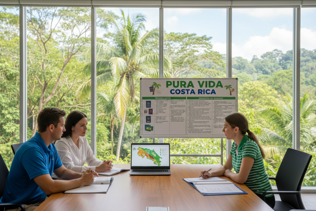 A professional office setting in Costa Rica, featuring a clean, modern conference room with large windows letting in natural light. In the foreground, a group of three Caucasian staff members (one man and two women) dressed in business casual attire (polo shirts and button-downs) are engaged in a discussion around a table, with documents and a laptop showcasing a digital map of Costa Rica. In the middle ground, a display board labeled "Pura Vida Costa Rica" features visuals of residency options and immigration law guidelines. The background displays a lush tropical landscape visible through the windows, enhancing the theme of Costa Rica. The mood is focused and collaborative, capturing the essence of understanding legal opportunities in a vibrant, appealing environment.