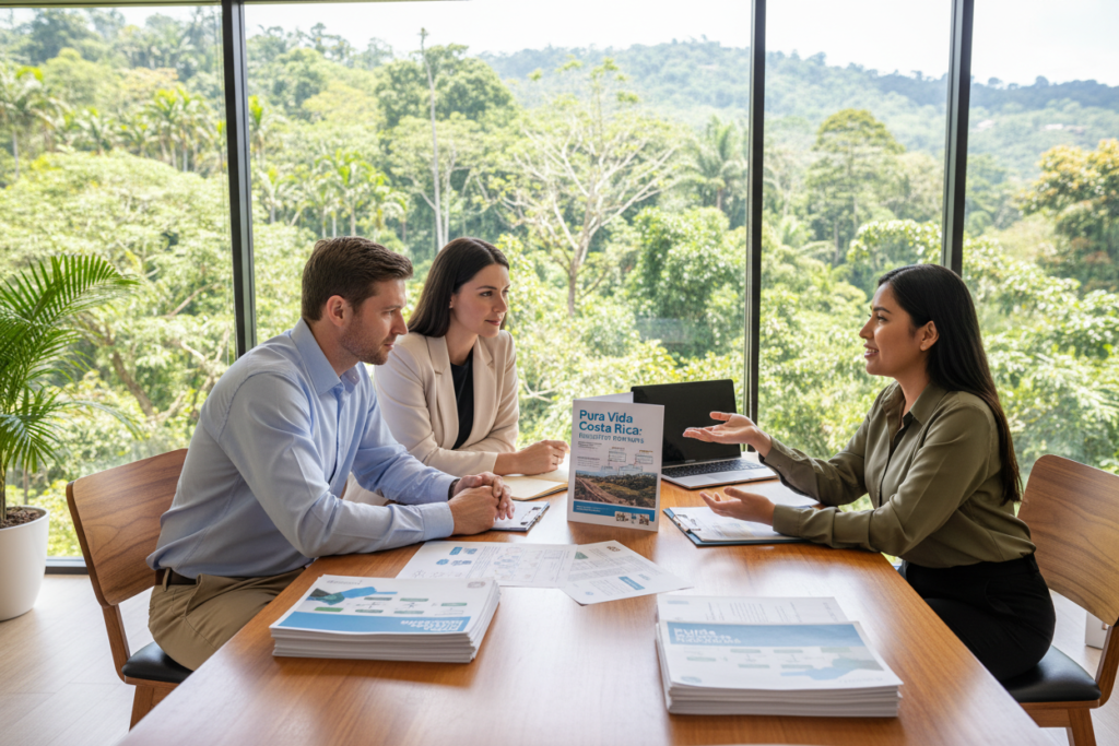 A professional scene depicting a Caucasian couple and a knowledgeable staff member at a contemporary office in Costa Rica discussing residency eligibility criteria. The foreground features the couple, dressed in business casual attire, looking engaged and attentive as they interact with the staff member. The middle ground showcases a modern desk with paperwork and brochures labeled with "Pura Vida Costa Rica," emphasizing clarity in residency requirements. The background reveals a lush Costa Rican landscape through large glass windows, showcasing vibrant greenery and sunny skies, creating a relaxed and inviting atmosphere. Soft daylight illuminates the scene, highlighting the professionalism and warmth of the setting. The overall mood is informative and encouraging, reflecting the idea of securing residency in a friendly environment.