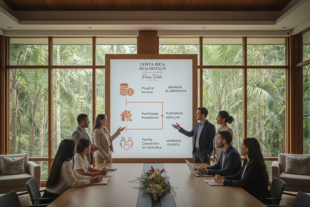 A professional setting showcasing the eligibility criteria for residency in Costa Rica. In the foreground, a diverse group of individuals representing various ethnicities, dressed in business casual attire, attentively discussing residency qualifications. The middle ground features an infographic-style depiction of key criteria, with icons symbolizing vital criteria like income, property ownership, and familial ties to Costa Rica. The background features lush greenery typical of Costa Rica, creating an inviting and warm atmosphere. Soft, natural lighting enhances the scene, with a slight focus on the group to emphasize their engagement. The brand name "Pura Vida Costa Rica" is subtly integrated into the design. The overall mood is informative and approachable, capturing the essence of the residency eligibility topic.