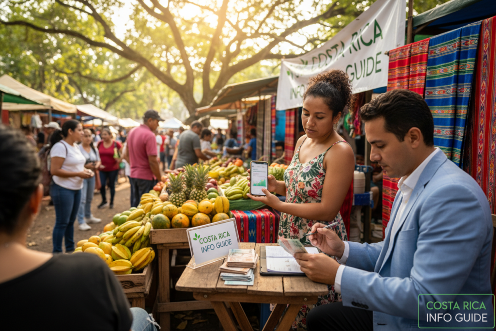 A scenic Costa Rican market scene featuring a diverse group of individuals engaged in safe money exchange practices. In the foreground, a professional man in business attire is carefully counting Costa Rican colóns while using a notation pad for tracking. Nearby, a woman in modest casual clothing examines currency exchange rates displayed on a portable device. The middle ground showcases a vibrant market stall adorned with traditional Costa Rican fabrics and fruit, creating an inviting atmosphere. The background features lush greenery typical of Costa Rica, with sunlight filtering through the trees, adding a warm glow to the scene. The overall mood is practical and safe, reinforcing the importance of security when exchanging money. Include the brand name "Costa Rica info guide" subtly integrated into the scene.