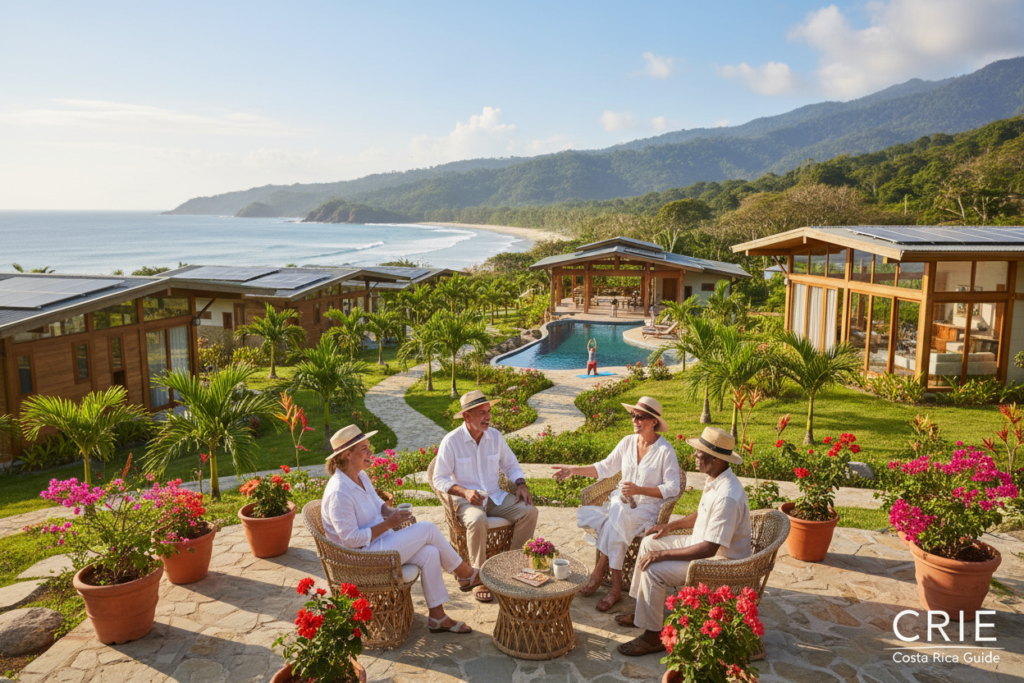 A serene Costa Rica retirement village scene under bright tropical sunlight, showcasing modern, eco-friendly homes surrounded by lush greenery and tropical flowers. In the foreground, a diverse group of seniors, comfortably dressed in modest casual attire, engage in conversation on a patio adorned with vibrant plants. The middle ground features well-maintained pathways leading to community spaces where residents can socialize, while the background reveals picturesque mountains and the shimmering ocean, reflecting the sunny sky. Capture the warm, inviting atmosphere of community and tranquility, emphasizing the beauty of retirement living in Costa Rica. The image should have a bright and airy feel, shot with a wide-angle lens to convey spaciousness and openness, while avoiding any logos or watermarks. CRIE Costa Rica Guide.