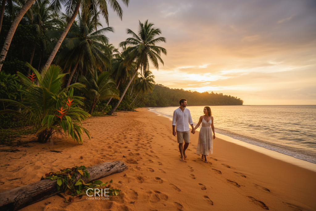 A serene South Pacific lifestyle scene set in Costa Rica, featuring lush rainforests bordering a tranquil beach at sunset. In the foreground, a couple in modest casual clothing strolls hand-in-hand along the sandy shore, embodying relaxation and connection. The middle ground showcases vibrant tropical vegetation with palm trees swaying gently in the breeze. In the background, the sun dips below the horizon, casting warm golden hues across the sky and reflecting on the calm ocean waves. Soft, natural lighting creates a tranquil atmosphere, inviting viewers to embrace a slower pace of life. The shot is taken with a wide-angle lens for a stunning panoramic view, encapsulating the beauty and serenity of Costa Rican living. Include "CRIE Costa Rica Guide" subtly blended into the environment.