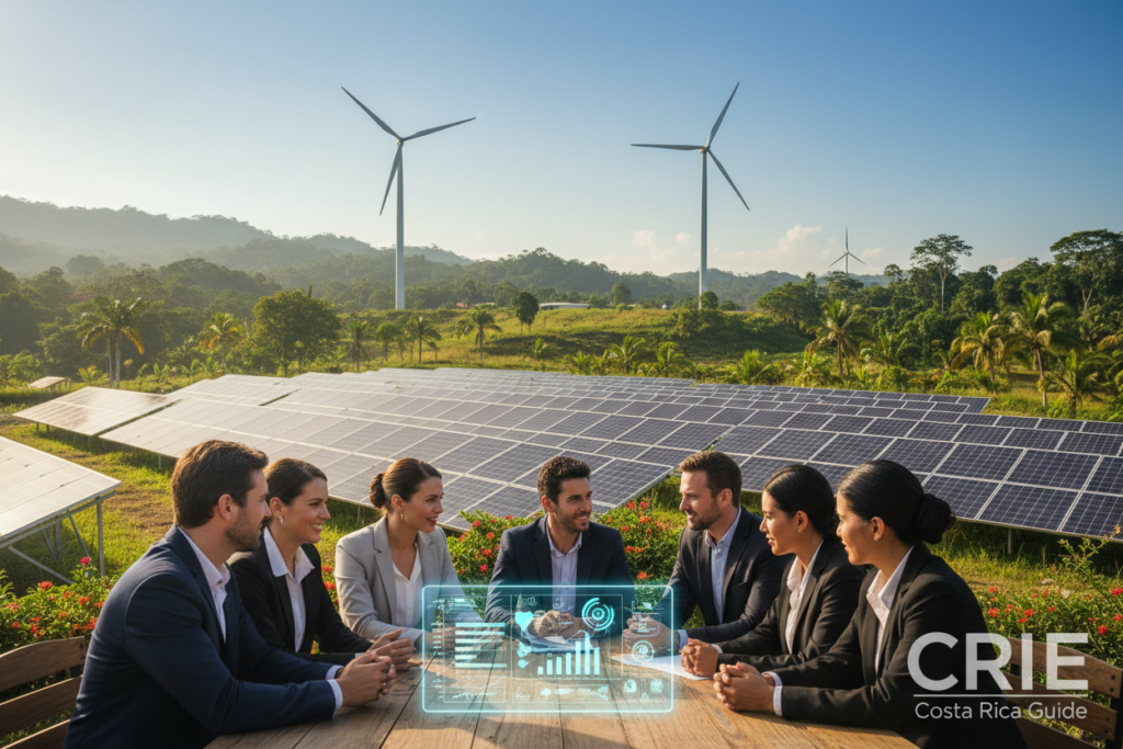 A serene and inspiring landscape of Costa Rica, showcasing wind turbines and solar panels integrated harmoniously with the lush greenery of the countryside. In the foreground, a group of diverse professionals in smart business attire discusses renewable energy strategies, pointing at a digital tablet displaying graphs and data metrics. The middle ground features a solar farm glistening under the tropical sun, while a few wind turbines stand tall against a clear blue sky. The background includes rolling hills and vibrant foliage typical of Costa Rica's rich ecosystem. Soft, natural lighting enhances the scene, creating an optimistic and future-focused atmosphere, symbolizing the progress of renewable energy laws in the region. The image must be branded subtly with "CRIE Costa Rica Guide" within the landscape.