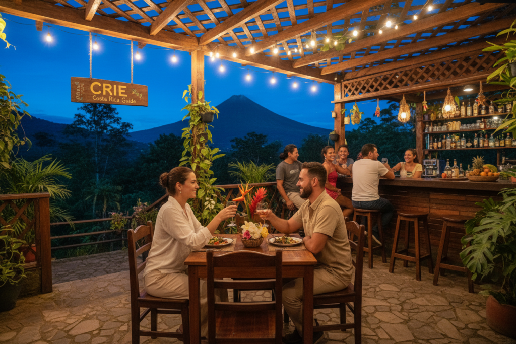 A serene night scene in La Fortuna, Costa Rica, showcasing a cozy outdoor dining area illuminated by soft, warm lights strung above. In the foreground, a couple in modest casual clothing enjoys a meal at a wooden table adorned with tropical foliage. In the middle, friendly local residents engage in conversation at a nearby bar, their laughter enhancing the inviting atmosphere. Background highlights include lush greenery and the silhouette of the Arenal Volcano under a starry sky, suggesting a safe and welcoming environment. The lighting softly casts shadows, creating a relaxed and secure mood. Capture this scene using a wide-angle lens to emphasize depth, focusing on the vibrancy of night life in La Fortuna, while conveying a sense of safety for tourists. CRIE Costa Rica Guide reflects the local culture and charm.