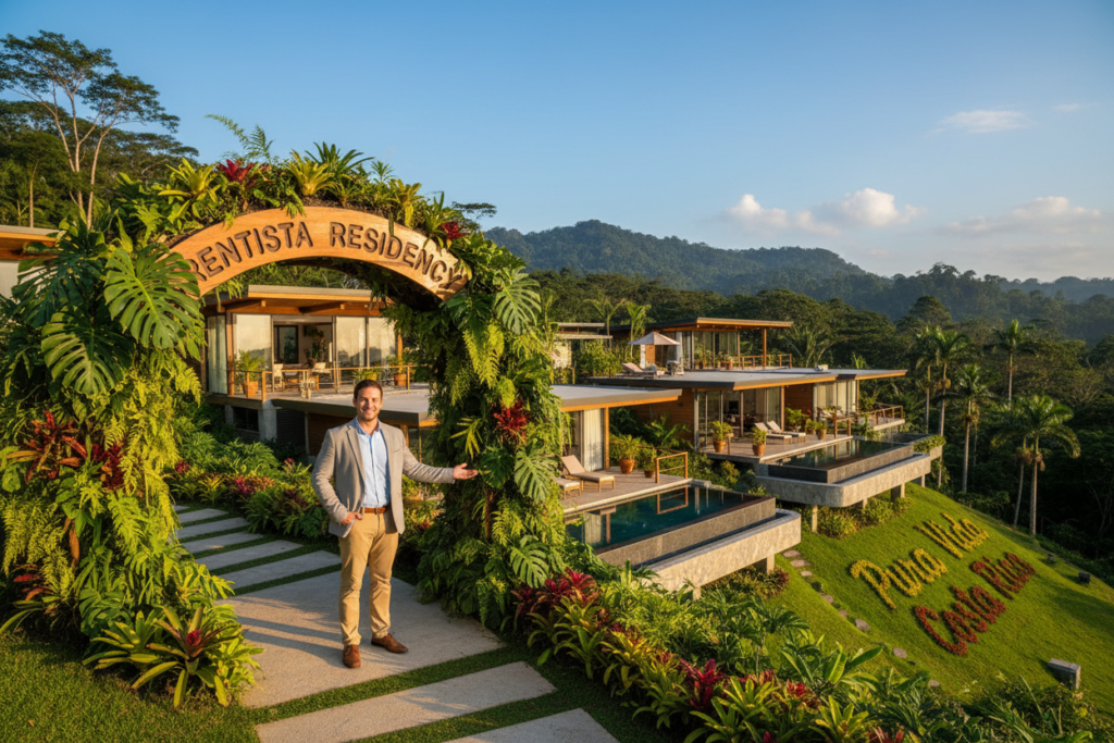 A serene overview of the Rentista Residency in Costa Rica, showcasing a vibrant tropical landscape. In the foreground, a friendly Caucasian staff member dressed in business casual attire, smiling warmly and gesturing towards a welcoming entrance adorned with lush greenery. In the middle ground, modern architecture reflects the tranquil lifestyle of renters, featuring large windows and outdoor living spaces. The background displays rolling hills and palm trees under a clear blue sky, emphasizing the natural beauty of Costa Rica. The scene is bathed in soft natural lighting, creating a warm, inviting atmosphere. The phrase "Pura Vida Costa Rica" subtly integrated into the landscape, enhancing the sense of place and community.