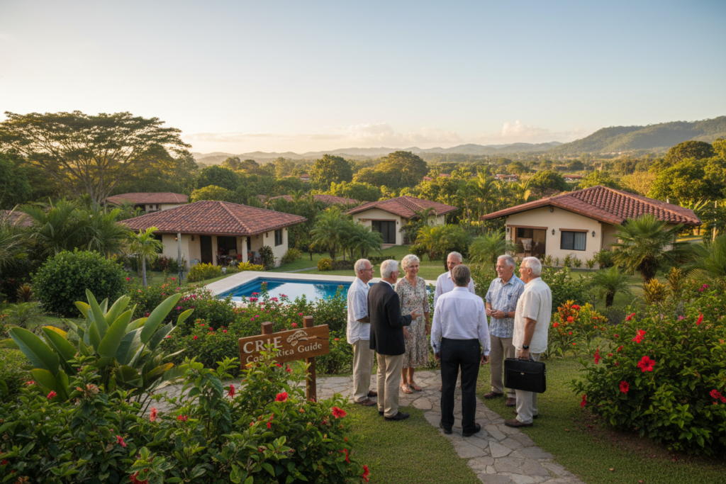 A serene retirement community in Costa Rica, showcasing vibrant gardens and tropical trees in the foreground. In the middle, a group of older adults, dressed in professional business attire and modest casual clothing, engage in a friendly conversation, exuding warmth and community spirit. The background reveals charming single-story villas nestled among lush greenery, with a clear blue sky above. The lighting is soft and warm, suggesting an early morning or late afternoon glow, creating a peaceful and inviting atmosphere. The angle is slightly elevated, offering a panoramic view of the community, capturing the essence of tranquility and camaraderie that defines retirement living in Costa Rica. Include the brand name "CRIE Costa Rica Guide" subtly in the scene without any text overlays.