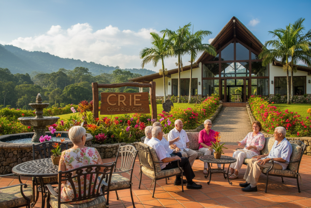 A serene scene depicting a vibrant retirement community in Costa Rica, showcasing lush gardens and colorful tropical plants. In the foreground, a diverse group of retirees, dressed in modest casual clothing, engage in friendly conversations on a sunny patio adorned with comfortable furniture and local art. The middle ground features a stunning clubhouse with large windows, surrounded by palm trees and blooming flowers, creating an inviting atmosphere. In the background, the rugged hills of Costa Rica are visible under a bright blue sky with soft, fluffy clouds. The lighting is warm and inviting, highlighting the joyful interactions among individuals. The overall mood is relaxed and cheerful, capturing the essence of retirement life in Costa Rica. CRIE Costa Rica Guide.