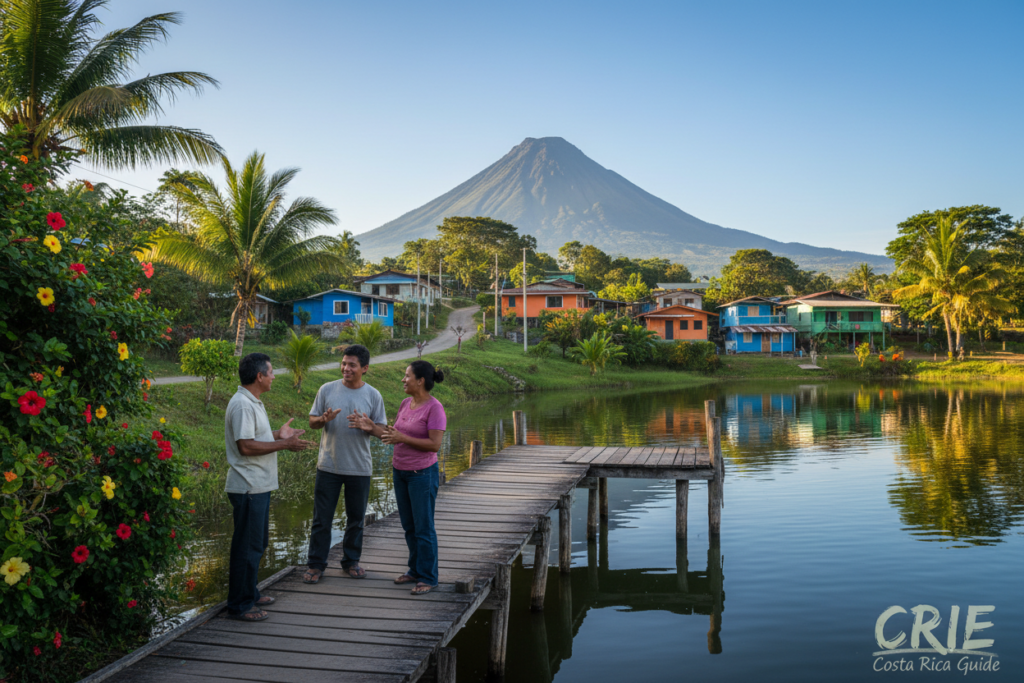 A serene view of Nuevo Arenal, Costa Rica, showcasing the essence of a small community nestled by the shores of Lake Arenal. In the foreground, a few modestly dressed locals gather near a rustic wooden dock, engaged in conversation, with lush greenery enveloping them. The middle ground features charming houses with colorful facades peeking through vibrant tropical foliage, embodying a sense of new beginnings. In the background, the magnificent Arenal Volcano looms majestically under a clear blue sky, casting soft shadows on the water's surface, illuminated by warm afternoon sunlight. The atmosphere is tranquil, emanating a sense of community and resilience. Shot with a wide-angle lens to capture depth and vastness, the mood reflects hope and renewal, perfect for illustrating the human story behind this transformed landscape. CRIE Costa Rica Guide.