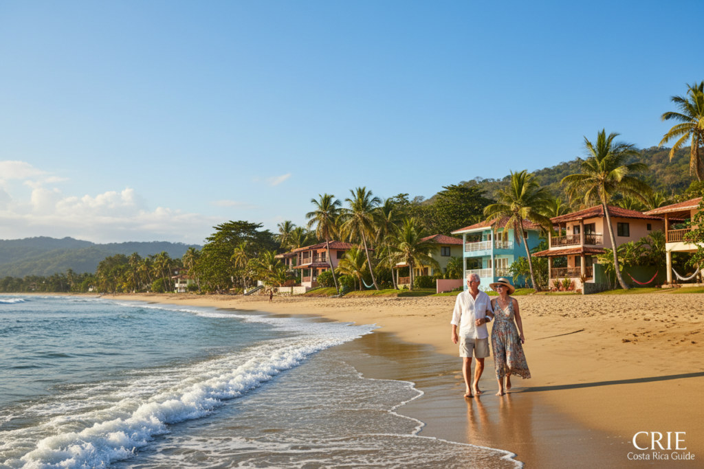 A stunning view of a serene Pacific Coast beach in Costa Rica, showcasing golden sand and gentle waves lapping at the shore. In the foreground, a couple of retirees in modest casual clothing stroll along the beach, enjoying the warm sunshine and vibrant surroundings. In the middle ground, picturesque beach communities with colorful houses nestled among lush greenery can be seen, reflecting the vibrant lifestyle of retirees. The background features a clear blue sky with a few fluffy clouds and the distant silhouette of verdant hills. The atmosphere is warm and inviting, with soft lighting capturing the tranquility of the scene. Ideal for promoting a peaceful retirement lifestyle, this image embodies the charm of Costa Rica’s coastal living. Shot with a wide-angle lens to emphasize the expansive beach and community layout. No logos or watermarks, ensuring a clean visual. CRIE Costa Rica Guide.