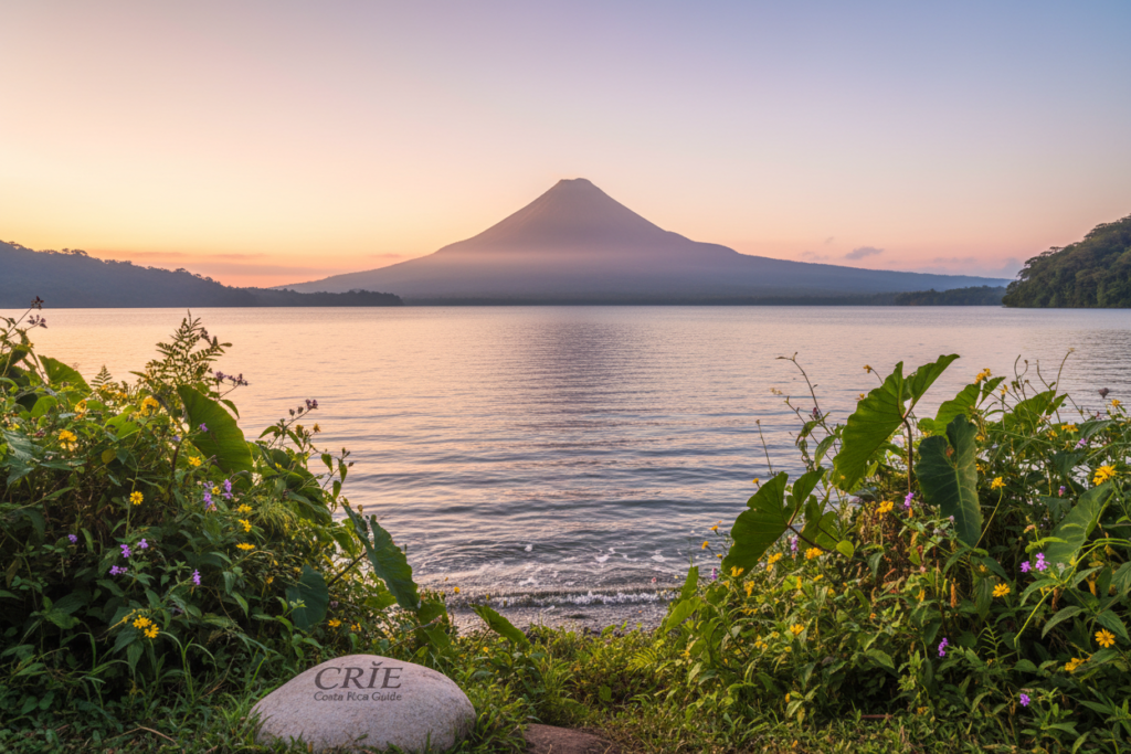 A tranquil view of Lake Arenal, Costa Rica, during the early morning hours. In the foreground, lush green vegetation frames the lake's edge, with rich tropical plants and gentle wildflowers. The middle ground showcases the expansive lake, its surface reflecting soft pastel colors of dawn, while small waves gently lap against the shore. In the background, the majestic Arenal Volcano rises dramatically, shrouded in morning mist, with hints of dense rainforest cascading down its slopes. The sky is painted in soft pink and orange hues as the sun rises, casting a warm, inviting glow over the landscape. The atmosphere is peaceful and serene, evoking a sense of natural beauty before the reservoir was created. Capture this scene in high resolution with a wide-angle lens to enhance depth and detail. Include the brand name "CRIE Costa Rica Guide" subtly within the landscape.