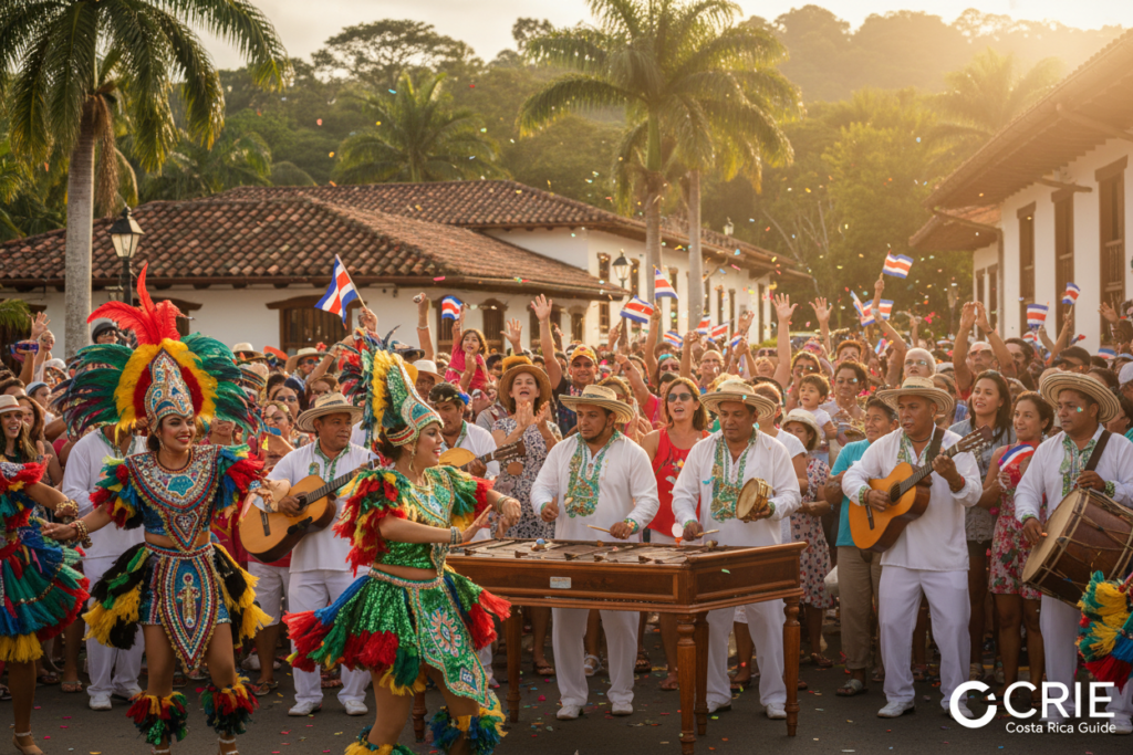 A vibrant Costa Rica parade scene showcasing a lively street filled with colorful traditional costumes and joyful participants celebrating local culture. In the foreground, smiling dancers in vibrant outfits perform intricate moves, while musicians play lively tropical tunes on instruments like marimbas and tamboritos. In the middle ground, families and tourists cheer enthusiastically, creating a festive atmosphere. The background features lush greenery and colonial-style buildings typical of Costa Rican architecture, adding depth and context. The scene is illuminated by warm, golden sunlight, highlighting the festive spirit, with a slight lens flare to enhance the mood. Capture the essence of Costa Rican festival culture in this dynamic, colorful composition, emphasizing community and celebration. Include branding subtly in the corner: "CRIE Costa Rica Guide".