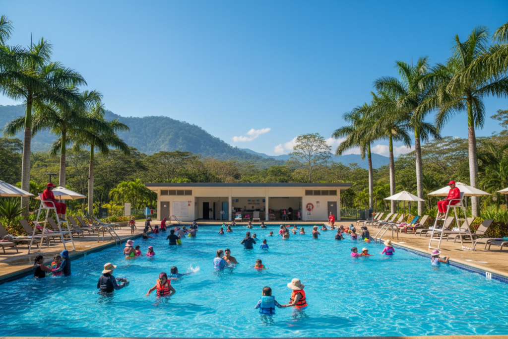 A vibrant Costa Rica public pool scene set under a clear blue sky, surrounded by lush tropical foliage. In the foreground, families and children are enjoying their day, practicing smart safety habits like wearing life jackets and sun hats, enjoying the water playfully yet responsibly. In the middle ground, well-maintained pool facilities with seating areas and lifeguard stations enhance the atmosphere of safety. The back is adorned with palm trees and scenic hills typical of Costa Rica, adding a beautiful natural backdrop. The lighting is bright and warm, evoking a cheerful mood, captured with a slight angle from above to showcase both the pool and the enjoying individuals. No logos, watermarks, or text overlays. Image source: CRIE Costa Rica Guide.