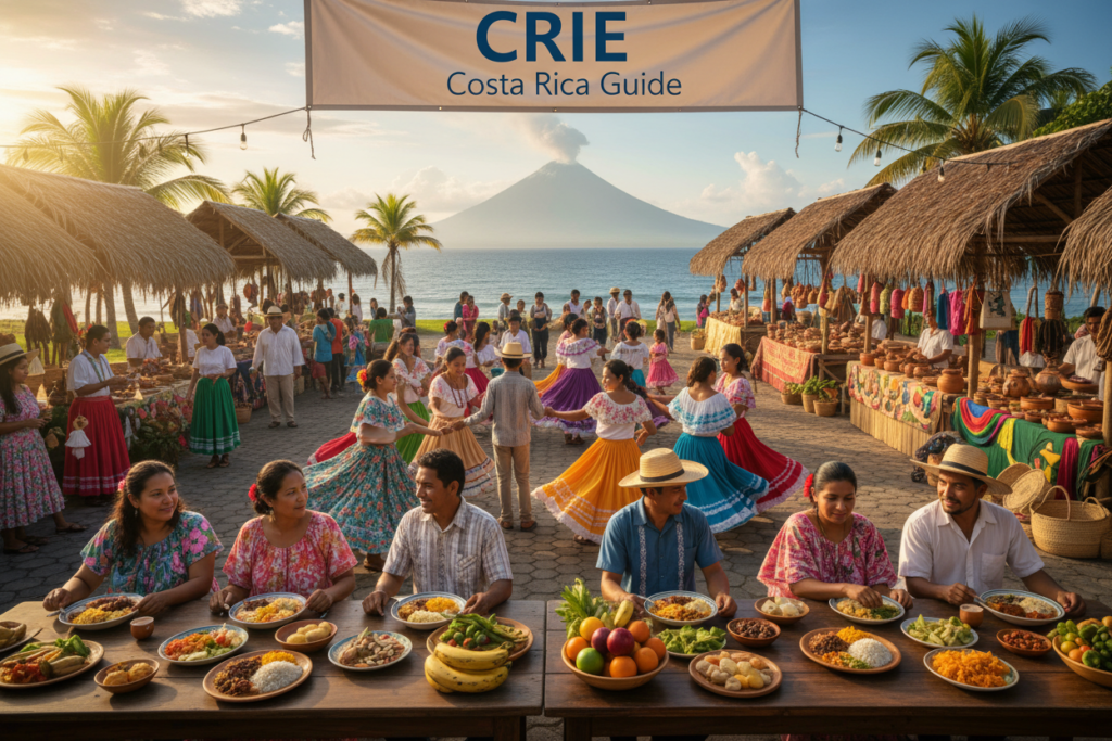 A vibrant Costa Rican festival scene depicting lively holiday celebrations during peak travel season. In the foreground, cheerful families in modest casual clothing enjoy traditional food and participate in folkloric dances, creating a sense of community. The middle ground features colorful stalls with local artisans selling handmade crafts and festive decorations, enhancing the cultural atmosphere. In the background, lush tropical landscapes and iconic landmarks, such as volcanoes or beaches, provide a stunning backdrop. The scene is bathed in warm, golden sunlight, casting inviting shadows that create a sense of warmth and joy. Capture this immersive experience with a wide-angle lens to encompass the bustling environment, reflecting the energy and spirit of Costa Rica’s rich festivals, in a professional style. No logos or text overlays, ensure it aligns with "CRIE Costa Rica Guide."