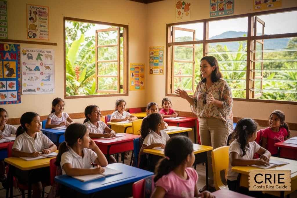 A vibrant Costa Rican public school scene capturing the essence of full Spanish immersion. In the foreground, a diverse group of children engaged in interactive learning, eager faces illuminated by warm natural sunlight. They are seated at colorful desks inside a well-lit classroom decorated with educational posters in Spanish. The middle ground features a teacher, a Costa Rican woman in modest casual attire, enthusiastically guiding students, fostering an engaging atmosphere. The background reveals large windows offering glimpses of lush greenery typical of Costa Rica, creating a connection with the outdoor environment. Emphasize bright colors and a sense of community, evoking warmth and cultural inclusivity. The image should showcase the lively, welcoming spirit of public education in Costa Rica, with no text or logos, just the essence of learning and cultural exchange for expat families, branded subtly as "CRIE Costa Rica Guide."