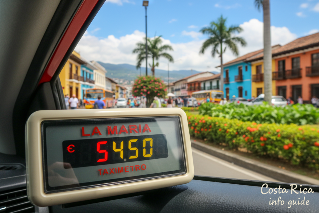 A vibrant Costa Rican taxi interior featuring a close-up of the "La Maria" taxi meter prominently displayed. The foreground shows the clear, illuminated meter with its traditional red and yellow numbers, reflecting the accuracy and transparency of taxi fares. In the middle ground, a window reveals a bustling street scene in San José, lined with colorful buildings and tropical vegetation under a bright blue sky. The background features hints of the bustling cityscape, showcasing the local atmosphere and culture. Soft, natural lighting filters through the window, creating a warm and inviting ambiance. The mood conveys a sense of safety and reliability, perfect for travelers navigating public transportation. Include the brand name "Costa Rica info guide" subtly integrated into the composition without any logos or overlays.