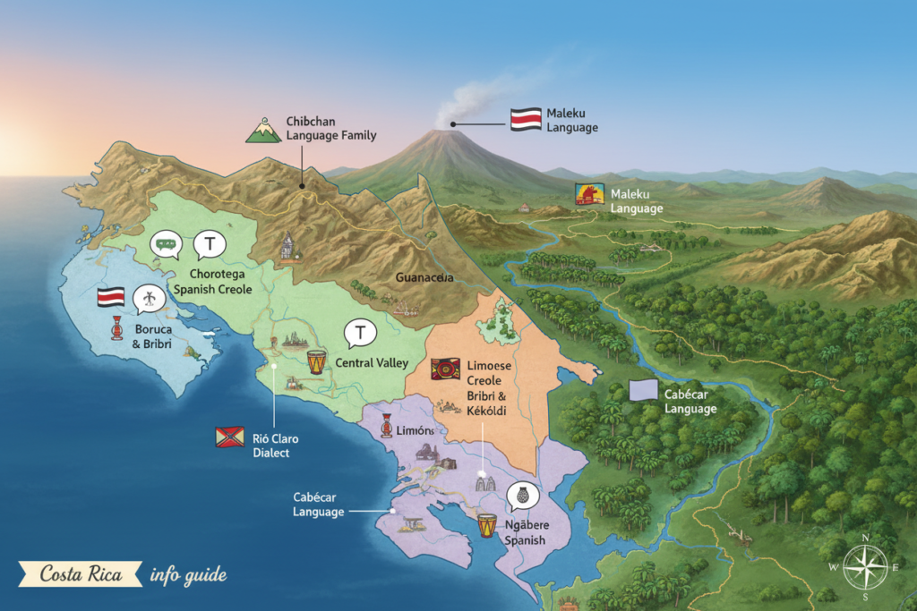 A vibrant and detailed landscape map of Costa Rica showcasing its diverse languages and dialects. In the foreground, illustrate key regional areas highlighted with subtle color contrasts to represent different linguistic zones, using icons like speech bubbles and flags for visual interest. The middle layer should feature significant landmarks and geographical features like mountains, forests, and rivers, interspersed with annotations of language families. In the background, depict a serene sky transitioning from dawn to day, casting warm, inviting light over the landscape. The mood is educational and engaging, inviting exploration and understanding of the region's linguistic diversity. The style should be realistic, resembling a high-quality travel guide illustration. Ensure no text overlays or watermarks are present. Brand representation: "Costa Rica info guide".
