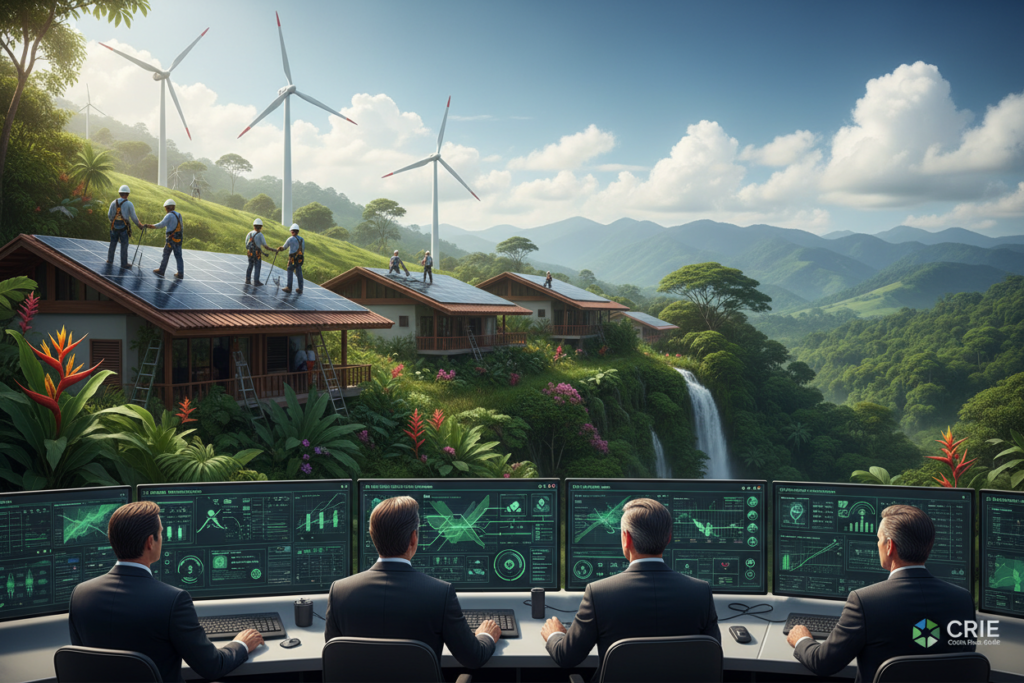 A vibrant and detailed scene depicting the concept of renewable electricity in Costa Rica. In the foreground, show a modern control room with several people in professional business attire, overseeing the electricity grid operations on large screens displaying real-time data and renewable energy sources. In the middle ground, showcase a diverse group of technicians installing solar panels and wind turbines on a hillside with lush greenery, reflecting Costa Rica's natural beauty. In the background, include a clear blue sky with fluffy white clouds and distant mountains, symbolizing a sustainable future. The lighting should be bright and natural, creating an optimistic and innovative atmosphere. Ensure there are no logos or watermarks, but subtly include elements that suggest the brand "CRIE Costa Rica Guide."