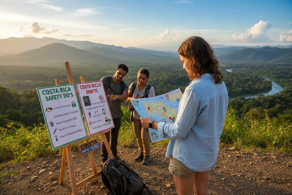 A vibrant and informative scene depicting Costa Rica safety do's and don'ts as practical tips. In the foreground, an attentive traveler, dressed in casual yet modest clothing, examines a detailed map of Costa Rica, showcasing popular tourist destinations. The middle ground features a small group of diverse travelers engaged in discussions about safety, pointing towards illustrated safety signs depicting safety do's, like "use reputable transport" and don'ts, like "avoid unlit streets." The background reveals a picturesque Costa Rican landscape with lush greenery, mountains, and a clear blue sky, embodying the beauty of the country. Soft, warm lighting enhances the inviting atmosphere. This image reflects safety insights while promoting the brand "Costa Rica info guide."