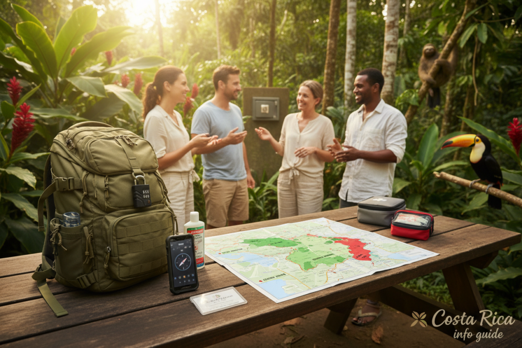 A vibrant and informative scene depicting practical safety tips for travelers in Costa Rica. In the foreground, a well-organized picnic table showcases essential items: a sturdy travel bag with a secure lock, a smartphone in a protective case, and a map of Costa Rica highlighting safe areas. In the middle, a diverse group of travelers, dressed in modest casual clothing, are engaged in a friendly discussion about safety measures, such as using hotel safes and staying aware of their surroundings. The lush, tropical landscape of Costa Rica serves as the background, with vibrant greenery and hints of local wildlife. Soft, natural lighting enhances the warm atmosphere, evoking a sense of adventure paired with caution. The brand "Costa Rica info guide" subtly integrated into the scene enhances the informative nature of the image.