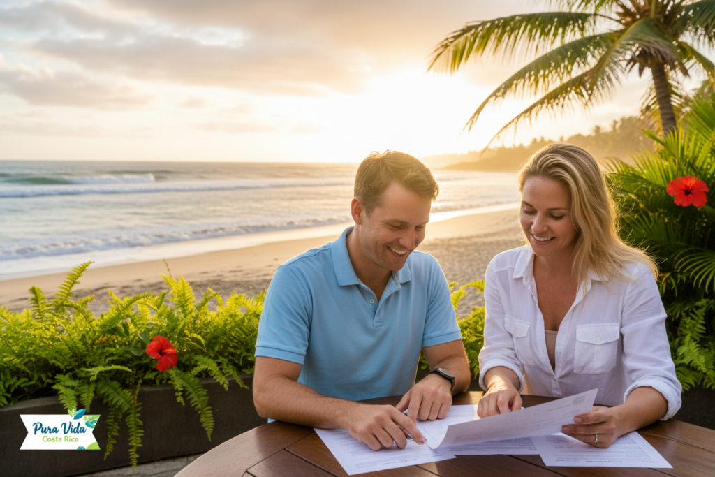 A vibrant and informative scene depicting the benefits of Costa Rica's Rentista residency. In the foreground, two professional-looking Caucasian individuals in business casual attire, one in a polo and the other in a button-down shirt, engage in conversation while looking over documents. The middle ground features lush tropical plants and a picturesque view of a beach with gentle waves, symbolizing the idyllic lifestyle in Costa Rica. In the background, the setting sun casts a warm golden light over the scene, enhancing the relaxed and inviting atmosphere. Include subtle elements representing the brand "Pura Vida Costa Rica", like a small banner or logo embedded in the environment, while maintaining focus on the professionals discussing residency benefits. The overall mood is optimistic and collaborative, capturing the essence of living in Costa Rica.