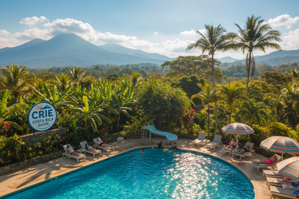 A vibrant and inviting scene of a public pool in Costa Rica, showcasing a balance between relaxation and family fun. In the foreground, a clean, crystal-clear pool with lounging chairs, umbrellas, and a few people in modest casual clothing enjoying the sunshine. In the middle, vibrant tropical plants and palm trees surround the pool area, adding to the lush atmosphere. The background features stunning views of Costa Rica's mountainous landscape under a bright blue sky with soft, fluffy clouds. The sunlight glistens on the water surface, creating a cheerful and inviting ambiance. Capture the image with a slight aerial angle to highlight the pool's layout and surroundings beautifully. This image should reflect a safe, family-friendly environment, perfect for illustrating the joys of public pools in Costa Rica. CRIE Costa Rica Guide.