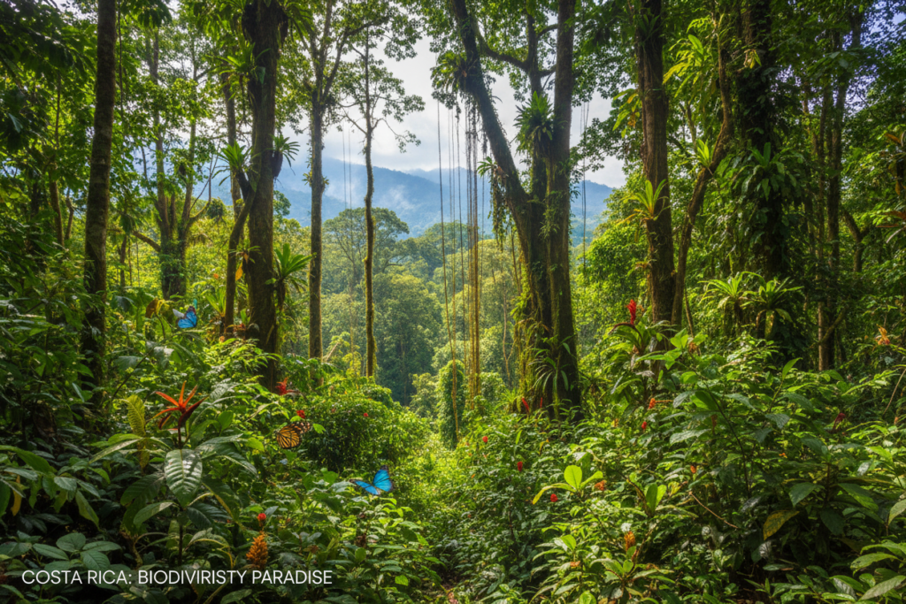 A vibrant and lush Costa Rica rainforest canopy, filled with a rich variety of green foliage and vibrant tropical flowers. In the foreground, include fascinating details like exotic leaves and colorful butterflies fluttering among the plants. The middle layers should show towering trees, their trunks draped with hanging vines, while dappled sunlight filters through the dense foliage, creating a sparkling effect on the leaves below. In the background, hint at distant mountains shrouded in mist, adding depth to the scene. The image should convey a serene and tranquil atmosphere, perfect for exploring nature's beauty. Use bright, natural lighting to enhance the colors and textures. Capture the essence of the natural wonder of Costa Rica, showcasing its unique biodiversity, for the Costa Rica info guide.