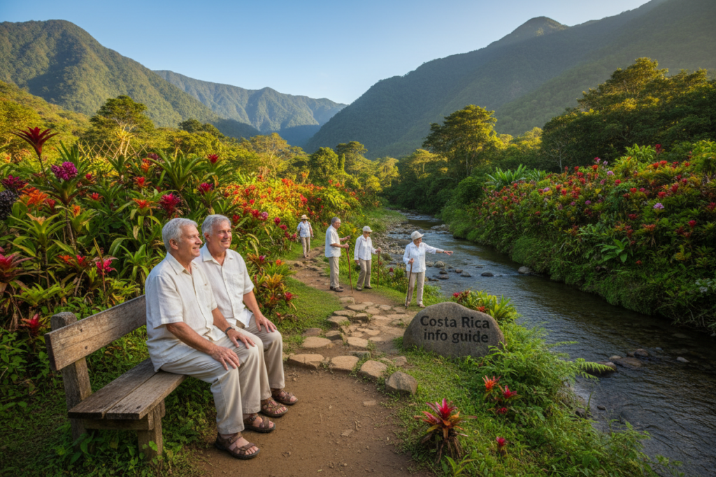 A vibrant and serene scene depicting a senior-friendly itinerary in Costa Rica. In the foreground, an elderly couple, dressed in modest casual clothing, enjoys a scenic view of a lush rainforest with colorful tropical flowers and plants surrounding them. In the middle ground, a well-beaten path leads to a gentle river, with a few seniors with walking sticks leisurely exploring the area. The background features majestic mountains under a clear blue sky, with soft, warm sunlight illuminating the landscape. The mood is peaceful and inviting, perfect for showcasing relaxation and exploration for seniors. The image should reflect a sense of adventure while emphasizing comfort and accessibility, branded subtly with "Costa Rica info guide" integrated into the natural elements of the scene.