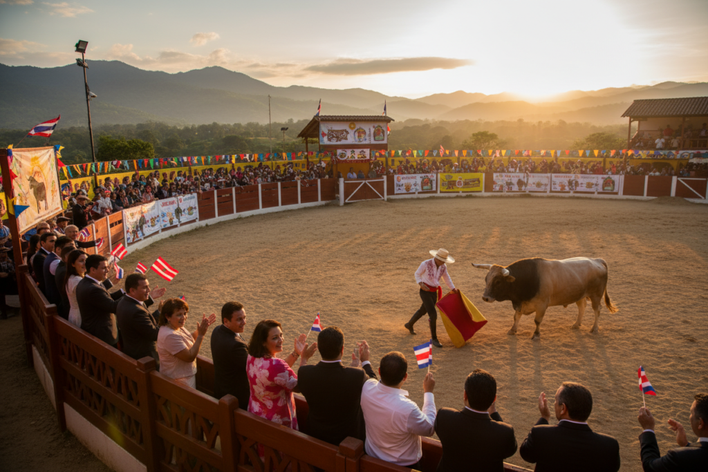 A vibrant bullring scene showcasing the unique tradition of Costa Rican bullfighting. In the foreground, a group of well-dressed spectators, dressed in professional attire, cheer from a safe distance, exuding excitement and camaraderie. The middle ground features a skilled torero wearing traditional Costa Rican attire, demonstrating skill and control as a bull pauses in the arena, surrounded by colorful banners and decorations that celebrate the cultural heritage. The background displays a lush green landscape of Costa Rica, with the sun setting in a warm golden glow, casting dramatic shadows throughout the bullring. The atmosphere is one of exhilaration yet safety, capturing the essence of "safety in the bullring," with a focus on joy and tradition. No text overlays, logos, or watermarks included. Costa Rica info guide.